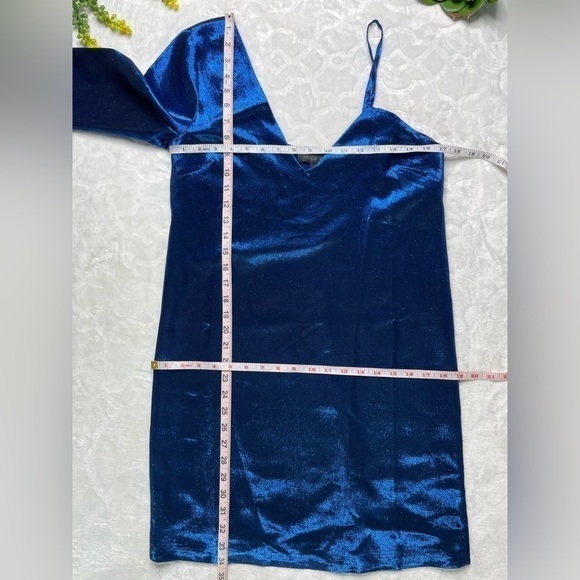 American Retro Mila Metallic Silk One Shoulder Long Sleeve Mini Dress in Blue - Picture 14 of 15